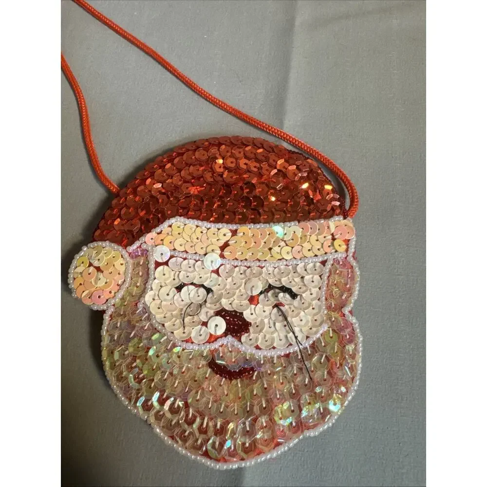 Vintage mini bag Christmas santa Sequin Beaded Stocking Trinket Purse 5” LOT 2